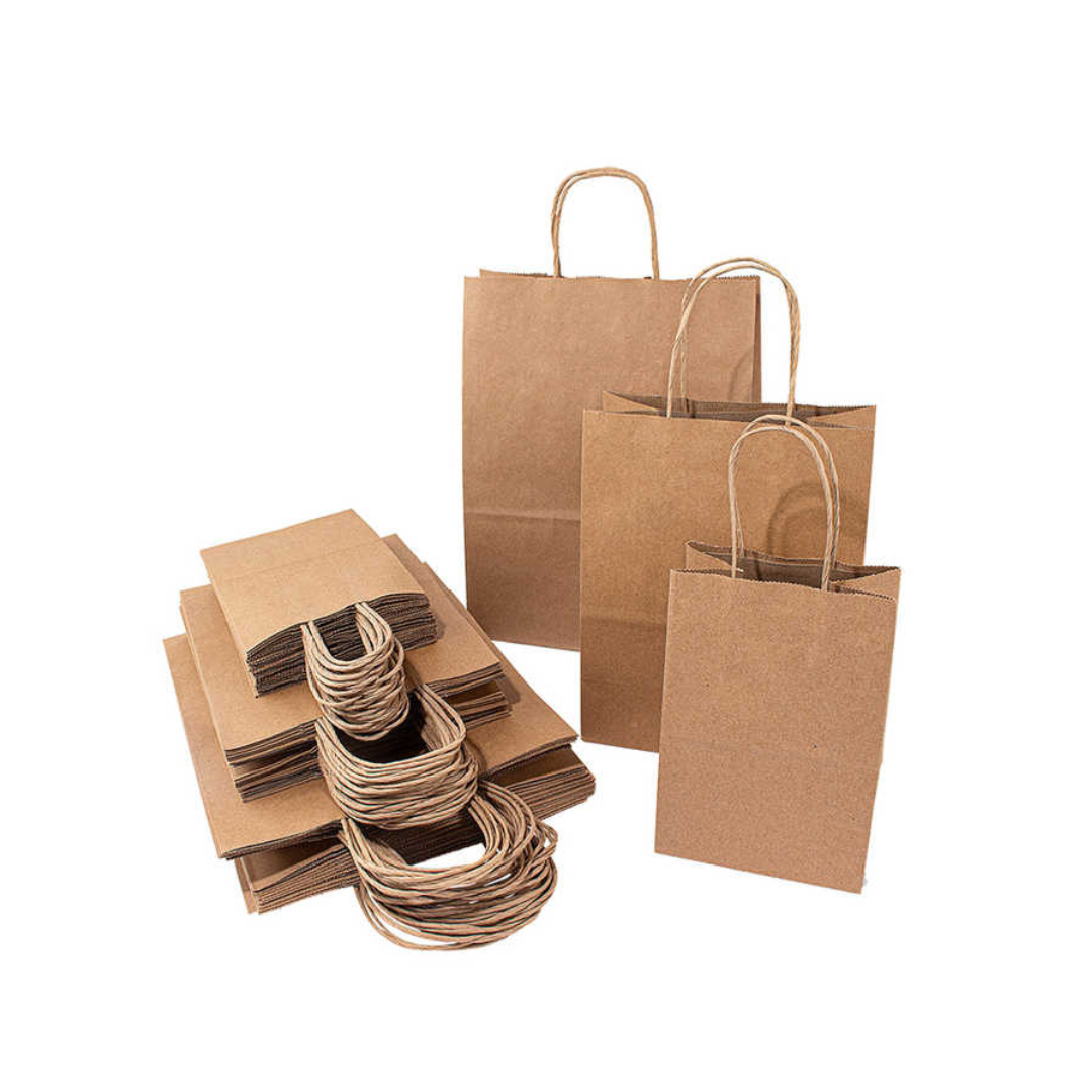 "Sélection de sacs en papier kraft avec poignées en corde, prêts pour l'emballage de détail.